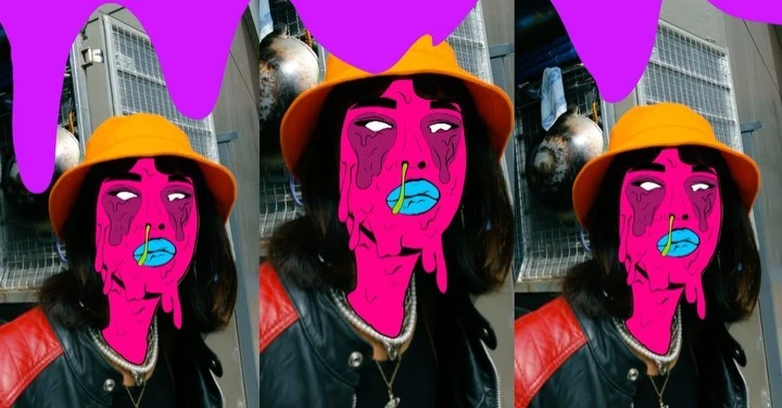 Three digital portraits of a woman with a bright pink face, blue lips, wearing an orange hat and a black leather jacket, in front of metal background.
