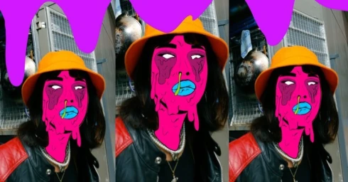 Triptych frame showing a woman wearing an orange bucket hat, pearl necklace, and red leather jacket with vivid digital animations overlaid.