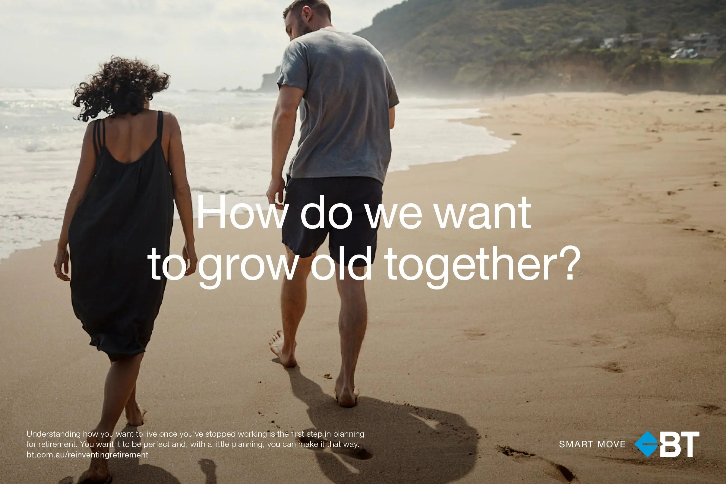 Couple strolling barefoot on sandy beach with gentle waves and text overlay promoting financial planning for retirement by BT Australia.