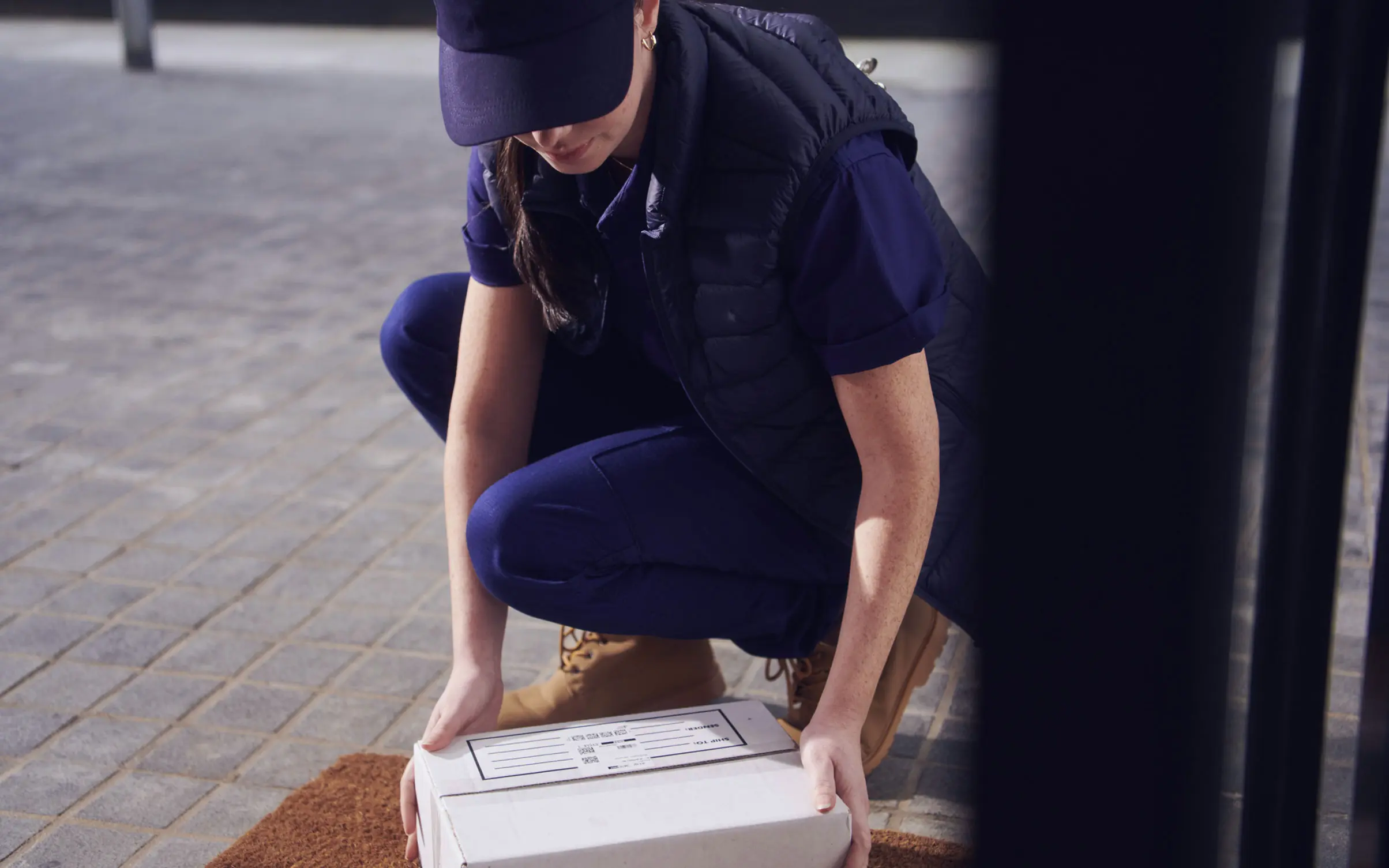 Delivery woman places a package on a doorstep. She wears a uniform and is crouched down with a dark background and neutral colors.