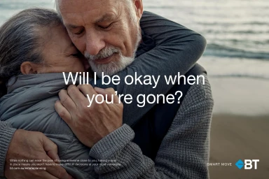 Close-up of an elderly couple embracing tightly near the water, with overlaid text asking Will I be okay when you are gone