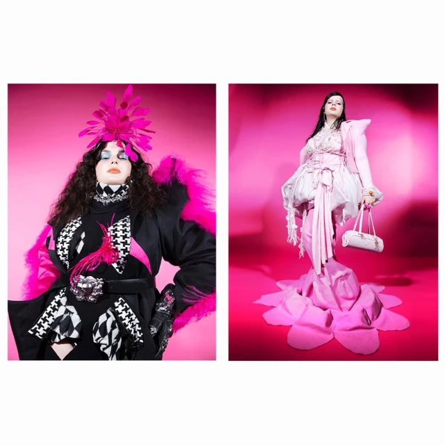 Two women in vibrant, dramatic fashion ensembles against pink backdrops, featuring feathered headpieces, houndstooth patterns, and unique silhouettes.