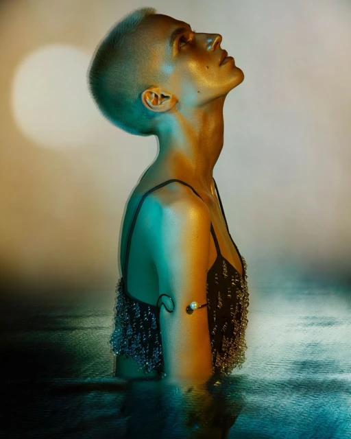 Side view of a person with a shaved head and metallic body paint in a black beaded top standing in shallow water with a moon background.