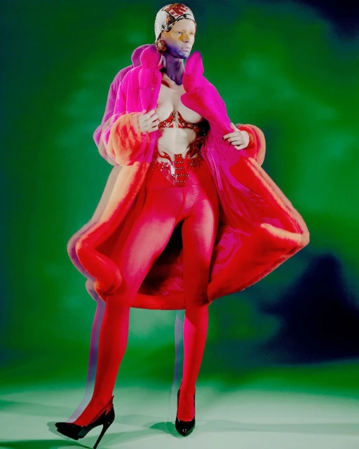 Fashion-forward mannequin displays a pink faux fur coat, embellished lingerie, and high heels against a vibrant green studio backdrop.