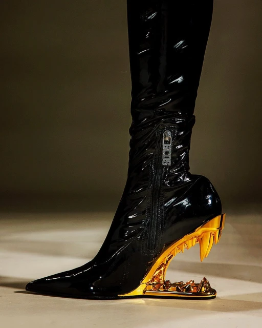 A black, high, knee-high, glossy patent-leather boot with a gold colored, open, jagged platform heel is displayed in a studio shot.