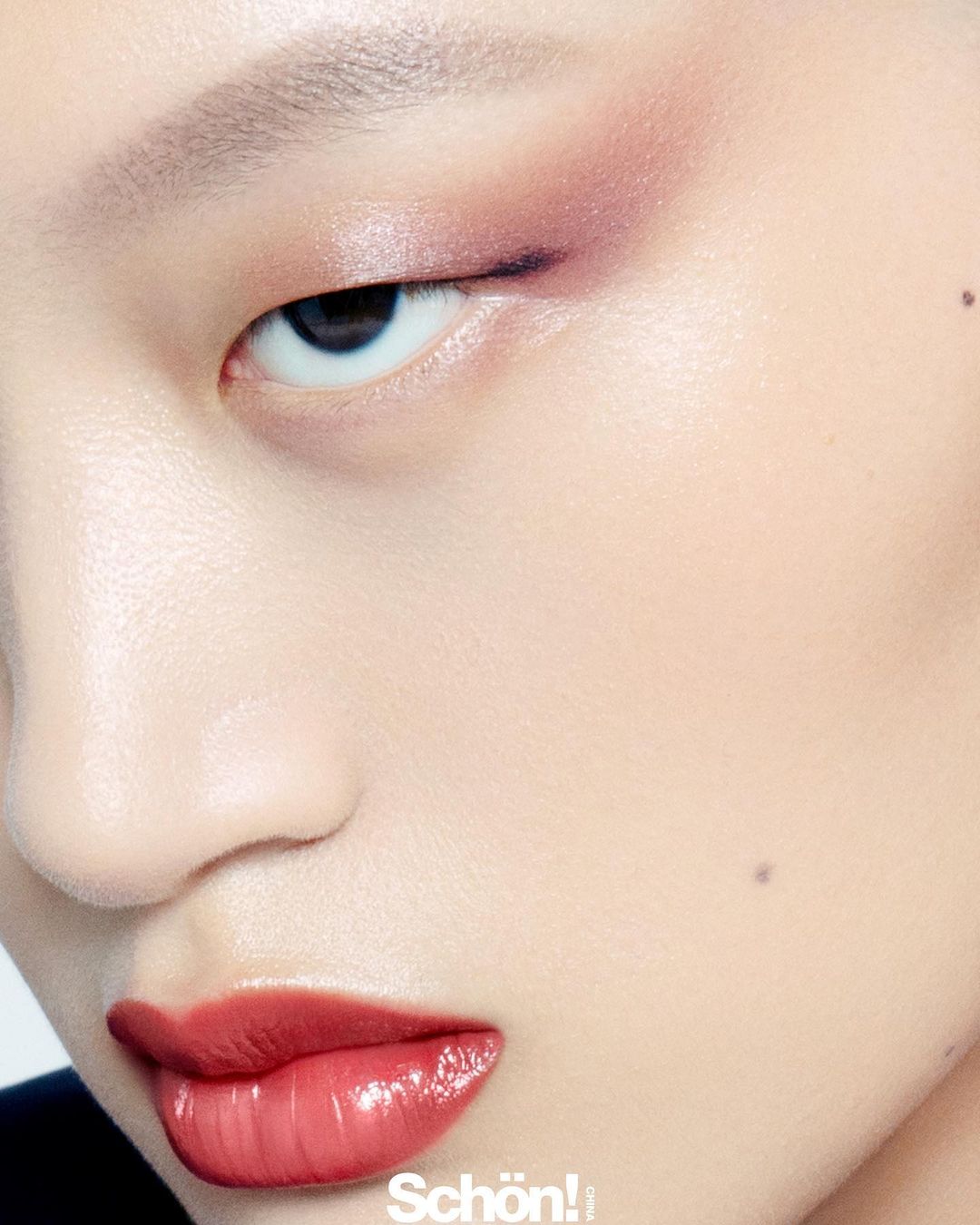 Close-up portrait of a young adult female with flawless skin, glossy lips, and pink eyeshadow posing in a beauty or fashion editorial.
