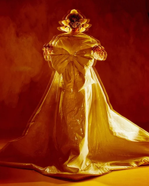 Person in yellow gown with large bow posing in photo studio with dramatic lighting and a red background creating a surreal fashion image.