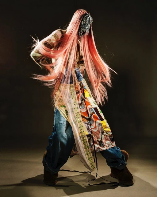 Person in long pink wig and colorful patchwork coat poses in studio setting against dark background with soft, diffused lighting.