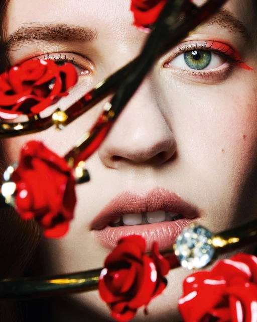 Close-up studio portrait of a young adult woman with red eyeliner and red roses and gold jewelry in the foreground, looking at the camera.