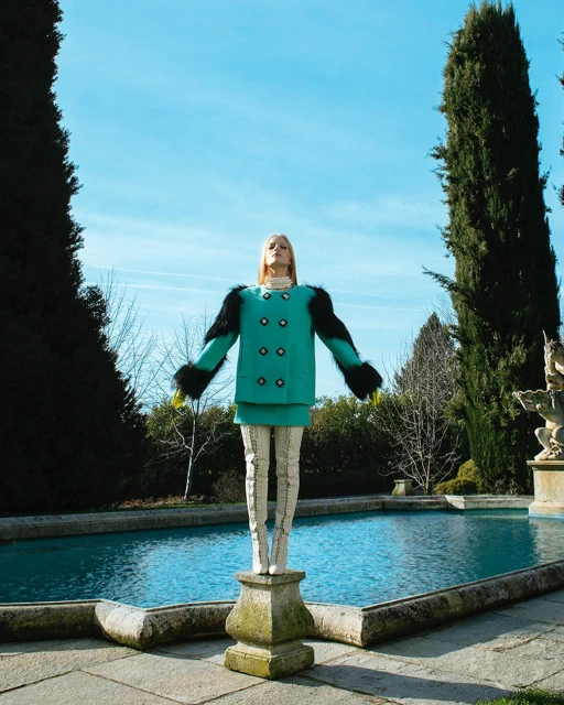 Woman in blue coat with fur trim posing on a stone pedestal near a turquoise pool outdoors on a sunny day with a clear blue sky.