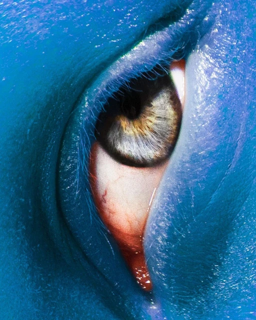 Close-up studio shot of a blue-painted human face, focusing on a singular eye with a hazel iris and visible eyelashes.