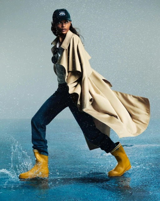 A woman in a trench coat and yellow boots walks in the rain. Her outfit includes dark pants and a baseball cap. She is walking through puddles.