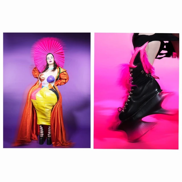 A woman in a colorful costume with a hot-pink halo-like hat poses next to a boot with a futuristic heel on a pink backdrop.