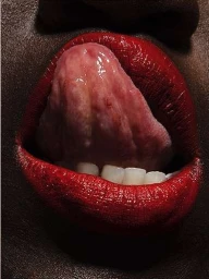 Close-up macro shot of dark skin with glossy red lips parting to reveal the tongue and white teeth by Sabine Villiard