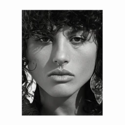 Close-up monochrome portrait of a woman with curly hair, septum ring, and large earrings photographed by Sabine Villiard.