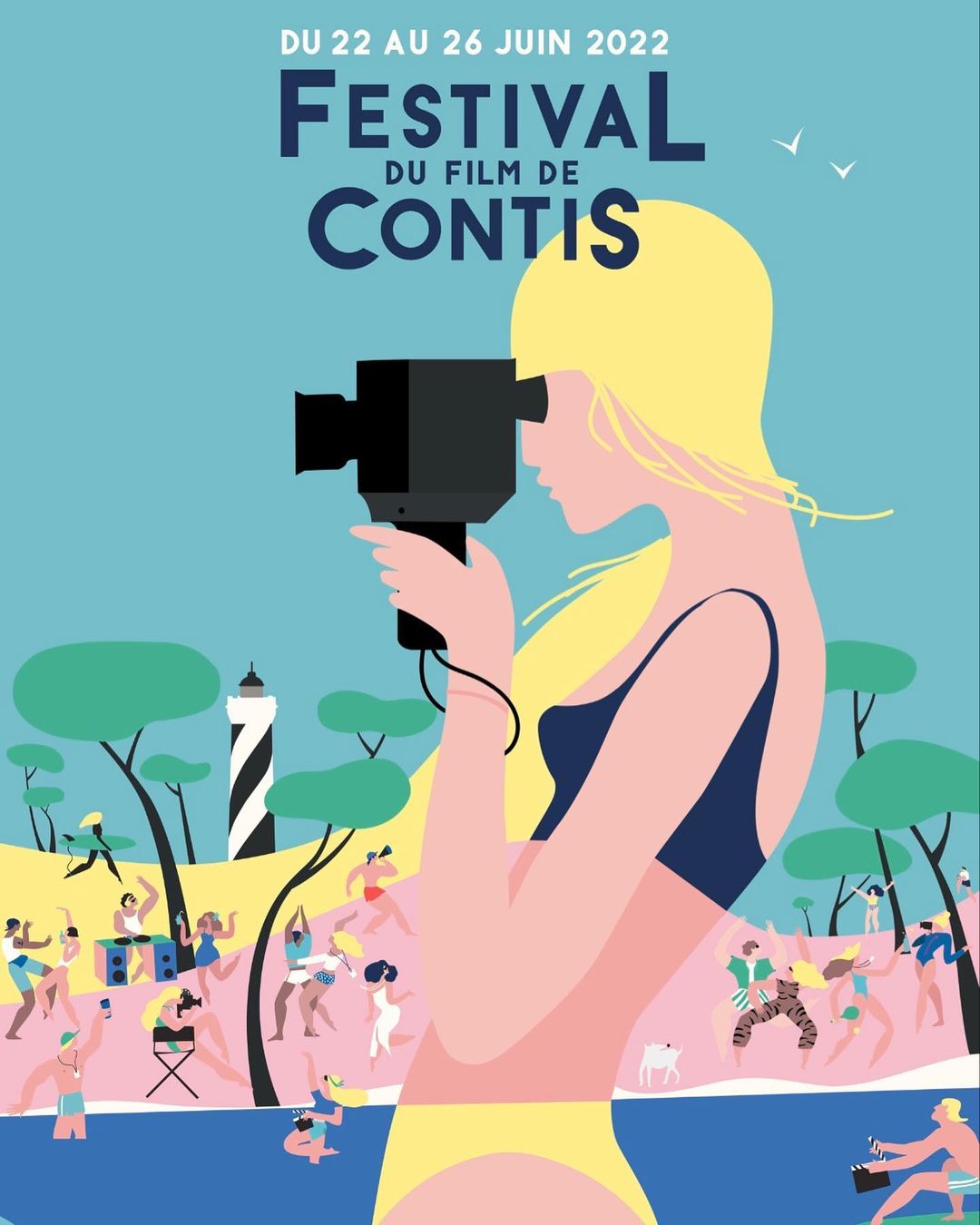Festival advertisement illustration of a blond woman holding a film camera on a beach, with dancing people and a lighthouse in the background.