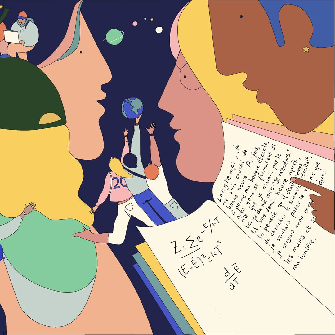 Colorful illustration featuring diverse figures, planets, and a book of equations, set against a dark blue background, showcasing various academic themes.