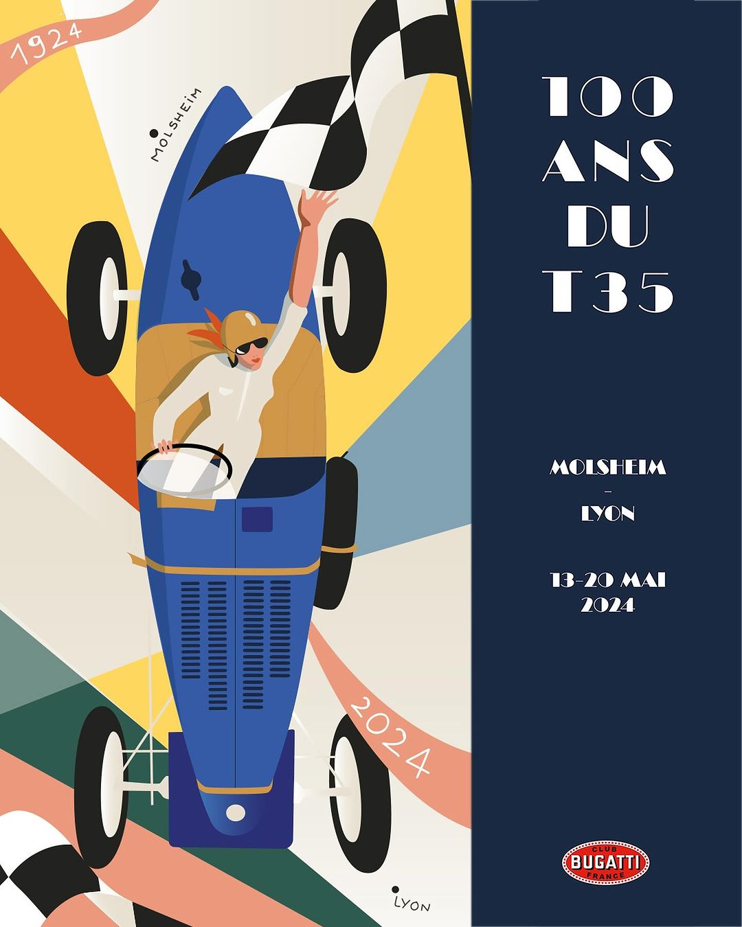 Retro-style poster art of a blue race car with a driver waving a checkered flag, celebrating '100 Ans du T35' in Molsheim-Lyon.