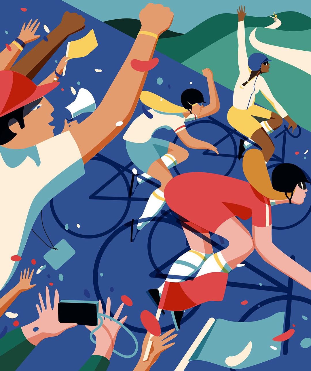 Illustration of diverse cyclists racing uphill on a winding mountain road, cheered on by a crowd with confetti and blue sky.