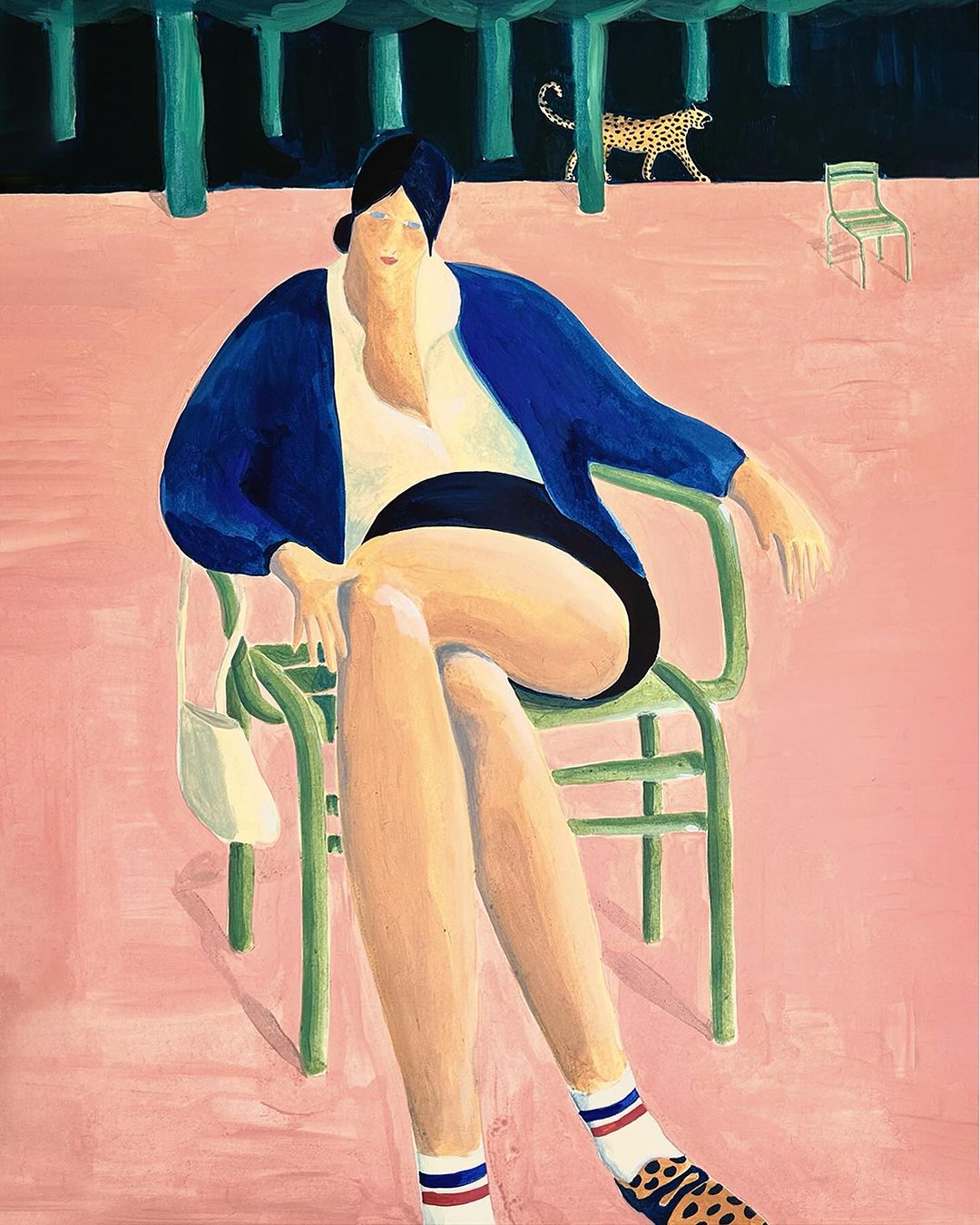 Illustration of a woman sitting in a chair, with a leopard in the background, rendered in a painterly style with pink background.