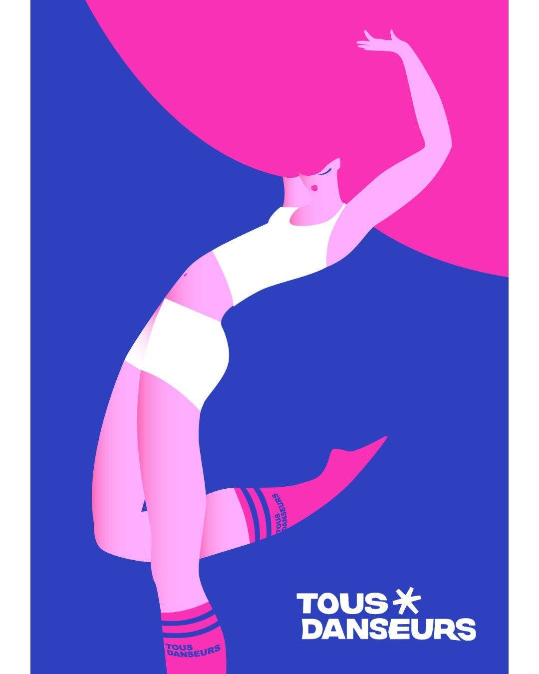 Illustration of a woman in a white top and shorts with pink hair and socks against a blue background.