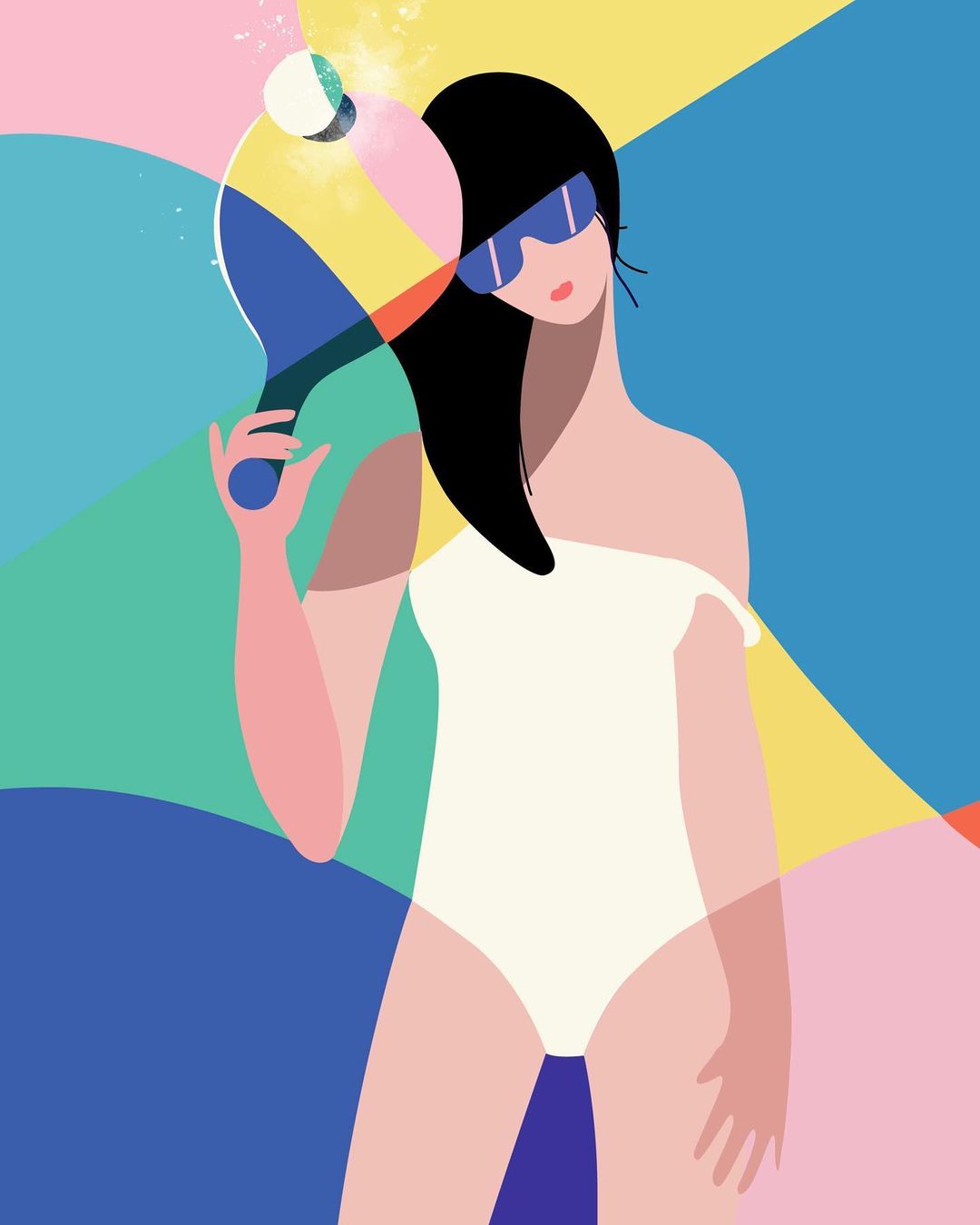 Illustration of a woman in a swimsuit holding a beach racket and ball against a colorful abstract background, rendered in a flat vector style.