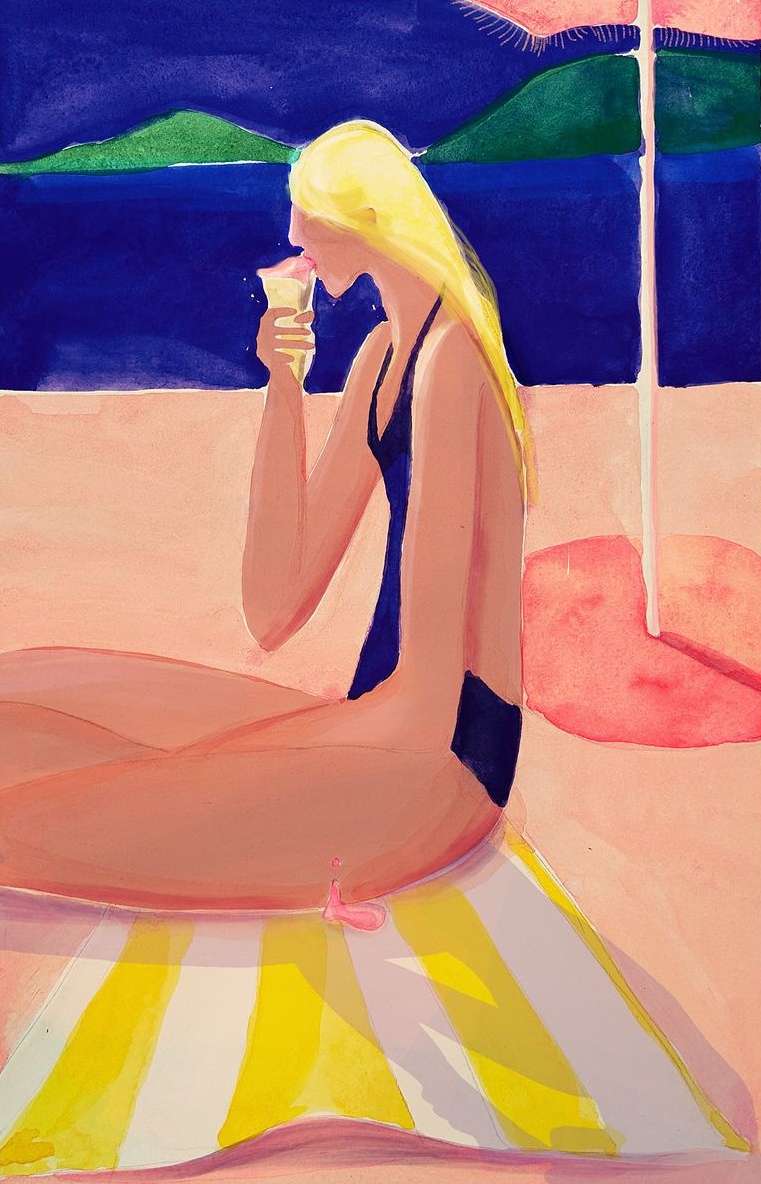 Illustration of a fair-skinned woman with blonde hair drinking from a glass, seated on a striped towel at the beach near the ocean.