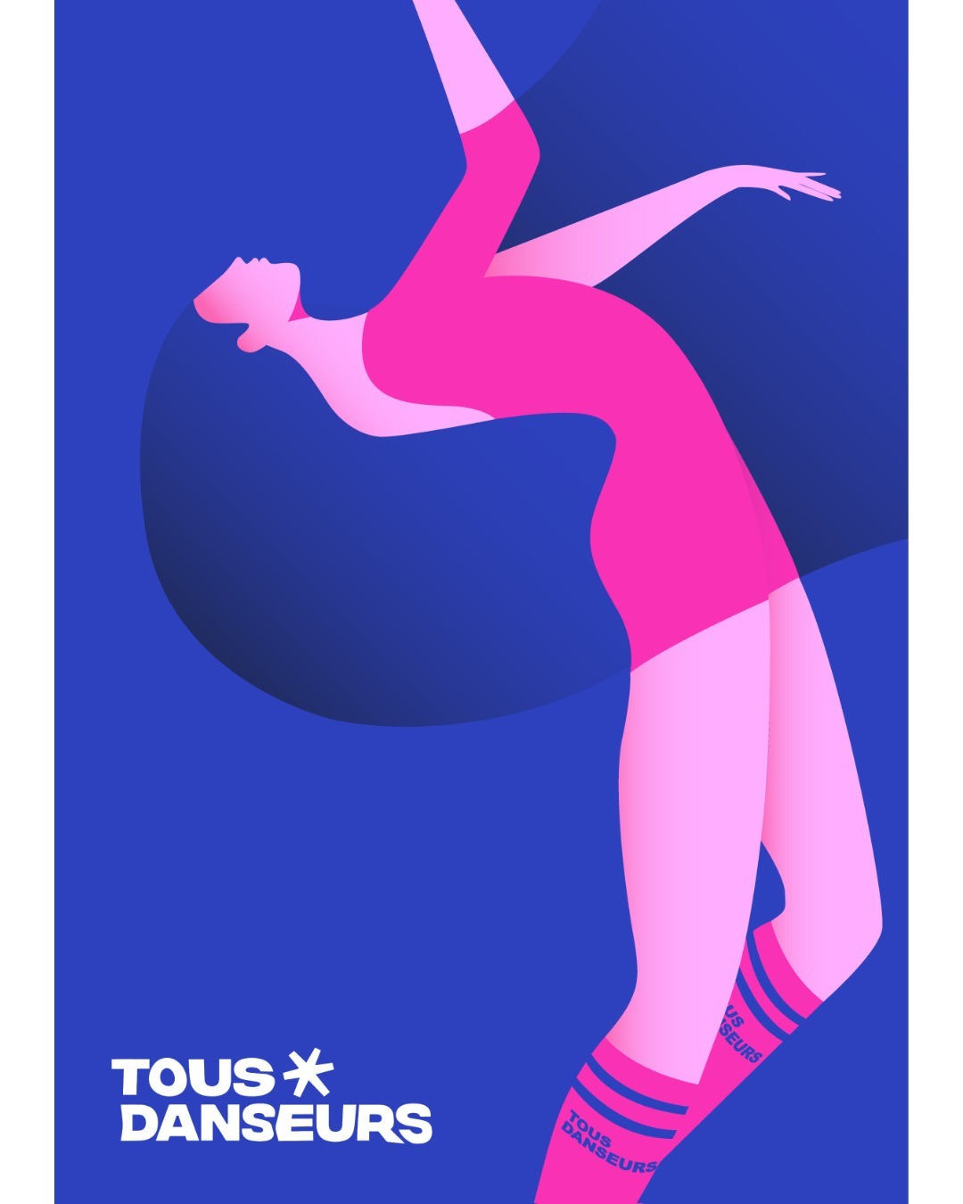 Illustration of a dancer in pink leotard and socks bending backwards against a blue background; dance-themed promotional poster.