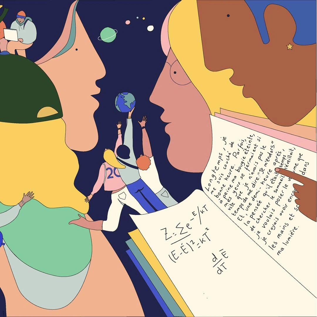 Digital illustration by Sabrina Chess featuring profile portraits of diverse figures and equations on paper.