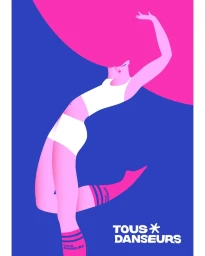 Digital illustration of a dancer with flowing pink hair against a blue background by Sabrina Chess