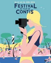 Illustrated festival poster by Sabrina Chess featuring a blonde woman in a black bikini holding a vintage film camera against a coastal scene.