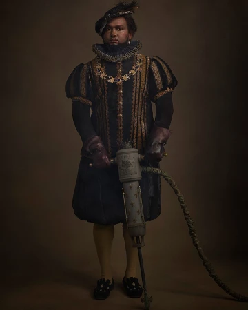 Renaissance portrait of a south asian man in historical costume holding a vintage jackhammer against a dark background