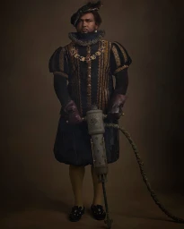 Renaissance portrait of a south asian man in historical costume holding a vintage jackhammer against a dark background