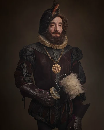 Renaissance portrait of a bearded man in period doublet and ruff collar holding an unusual cleaning brush by Sacha Goldberger.