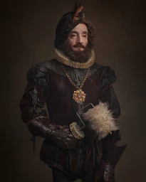 Renaissance portrait of a bearded man in period doublet and ruff collar holding an unusual cleaning brush by Sacha Goldberger.