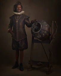 Man in 16th century Renaissance doublet and ruff collar leaning against a wooden concrete mixer in studio portrait.