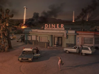 Cinematic aerial view of a vintage diner under attack with hovering craft, fire, and smoke by Sacha Goldberger