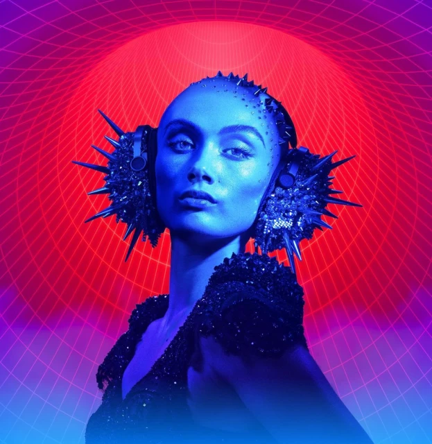 Futuristic portrait of a blue-skinned woman with spiky headset, captured in a vibrant, abstract neon setting with a grid background.