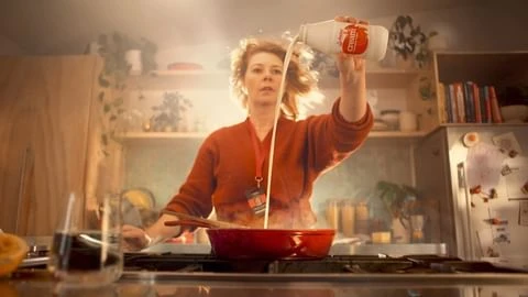 Woman in a kitchen pouring milk into a red pan on the stove, with cooking utensils and kitchen appliances visible in the background.