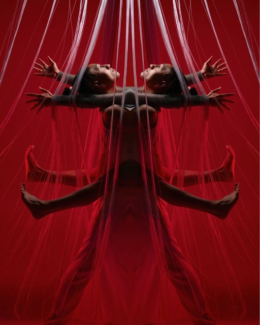 Surreal portrait featuring an adult female in a pose with transparent strings, set against a vivid red backdrop in a photo studio environment.