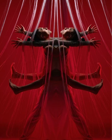 Surreal portrait featuring an adult female in a pose with transparent strings, set against a vivid red backdrop in a photo studio environment.