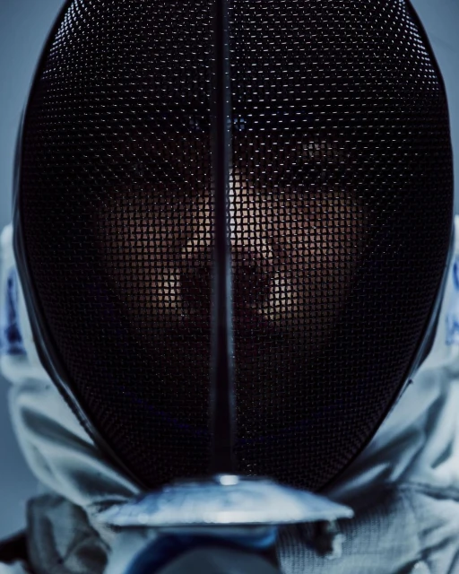 Close-up of a fencer wearing a black fencing mask and white uniform, looking directly at the camera in a studio setting.