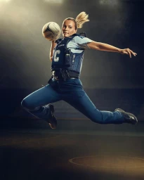 Female police officer wearing a tactical vest leaping in the air while holding a netball by photographer Sacha Stejko.
