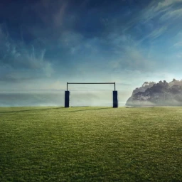 Rugby goalposts on a green grassy field overlooking the misty ocean and distant coastline under a cloudy sky.