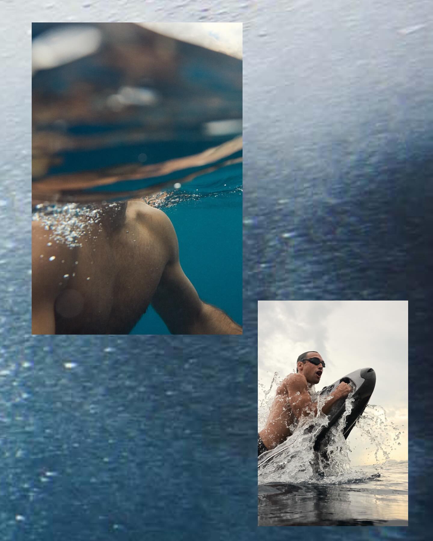 Man surfing in the ocean; another man's torso is partially submerged in the water with bubbles, creating a dynamic split composition.