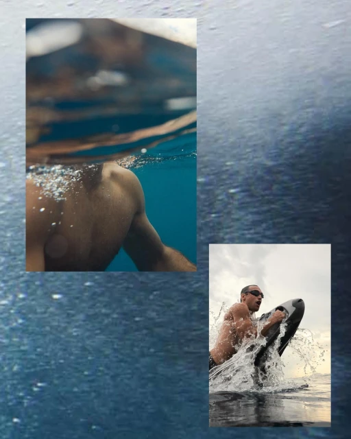Man surfing in the ocean; another man's torso is partially submerged in the water with bubbles, creating a dynamic split composition.