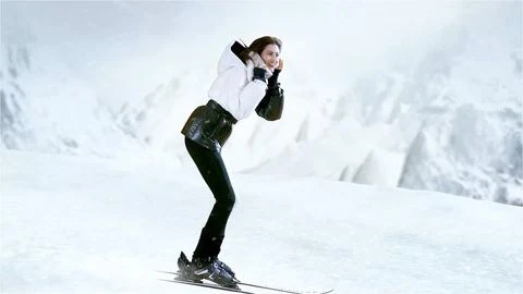 A woman in a white puffer jacket and black pants is skiing down a snow-covered slope against a backdrop of snow-capped mountains.