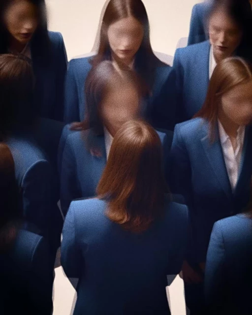 Several blurred women stand in a group, wearing blue blazers. Their faces are blurred. The lighting is even and the background is plain.