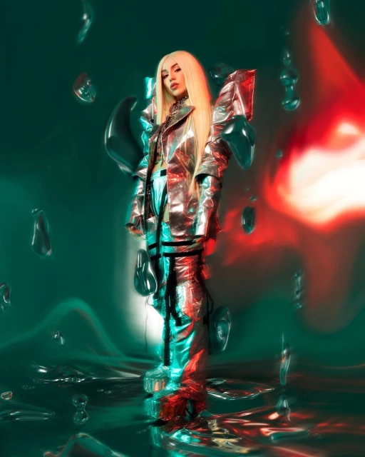 Full-shot of a fair-skinned adult woman with blonde hair wearing a metallic silver outfit and posing in a colorful studio.