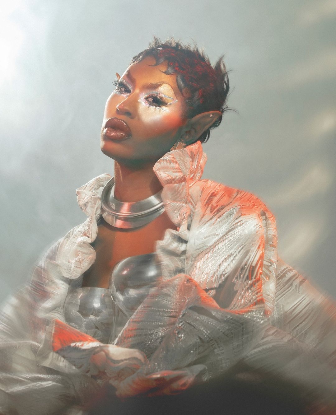 Portrait of a person with silver makeup and elf ears wearing a ruffled silver top and necklace against a cloudy background.